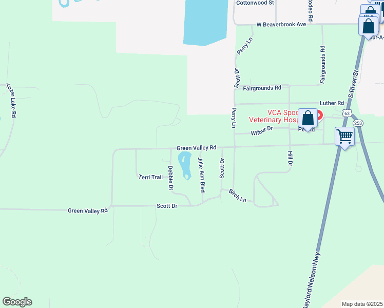 map of restaurants, bars, coffee shops, grocery stores, and more near N4796 Debbie Drive in Spooner