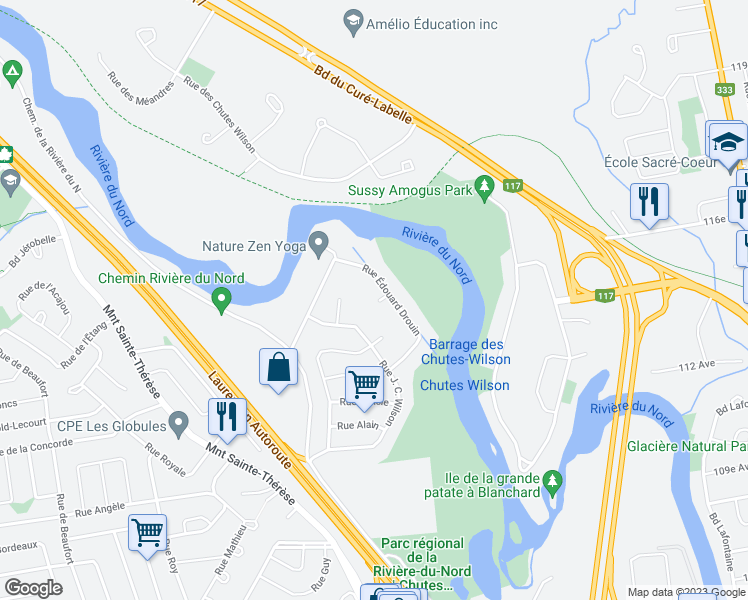 map of restaurants, bars, coffee shops, grocery stores, and more near 22 Place de l'Estacade in Saint-Jérôme