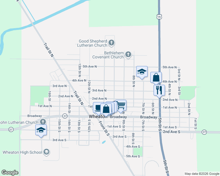 map of restaurants, bars, coffee shops, grocery stores, and more near 302 11th Street North in Wheaton