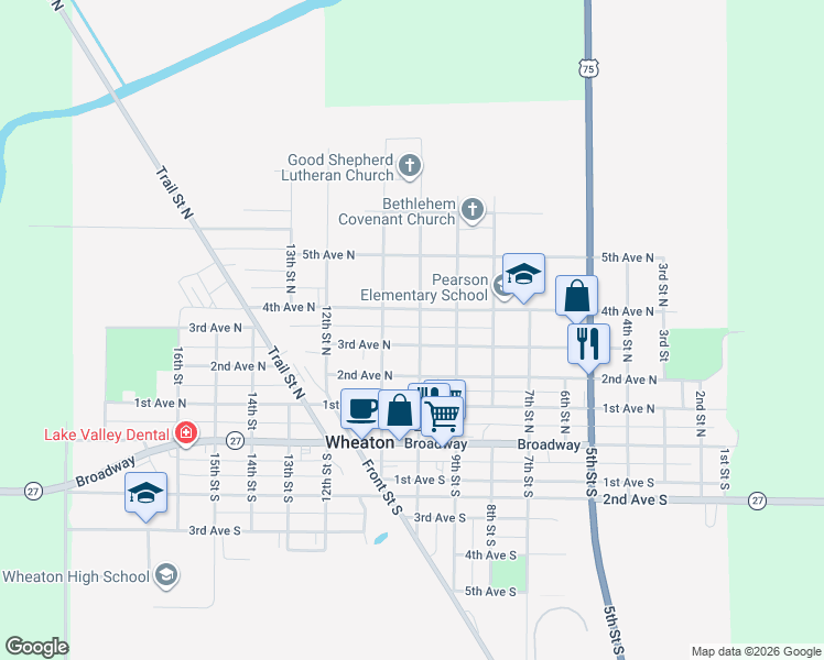 map of restaurants, bars, coffee shops, grocery stores, and more near 308 10th Street North in Wheaton