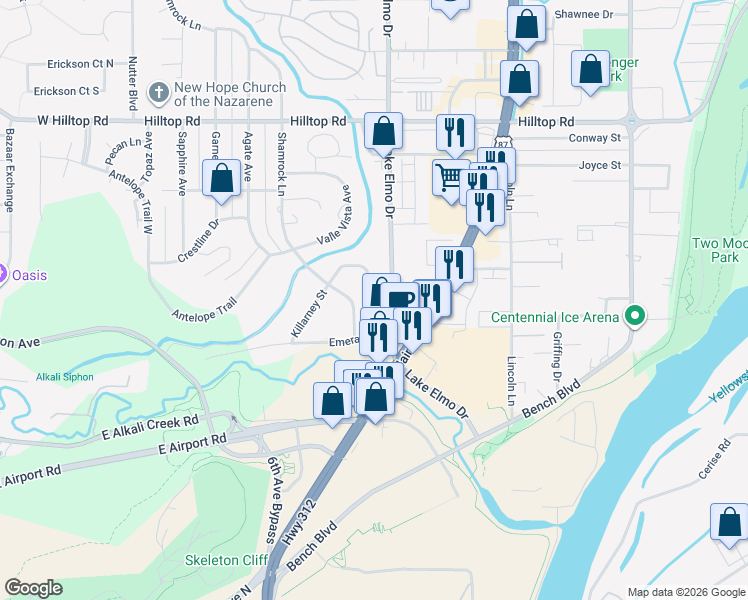 map of restaurants, bars, coffee shops, grocery stores, and more near 438 Lake Elmo Drive in Billings