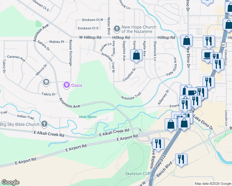 map of restaurants, bars, coffee shops, grocery stores, and more near 32 Antelope Trail in Billings