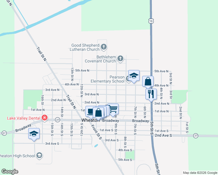 map of restaurants, bars, coffee shops, grocery stores, and more near 308 10th Street North in Wheaton