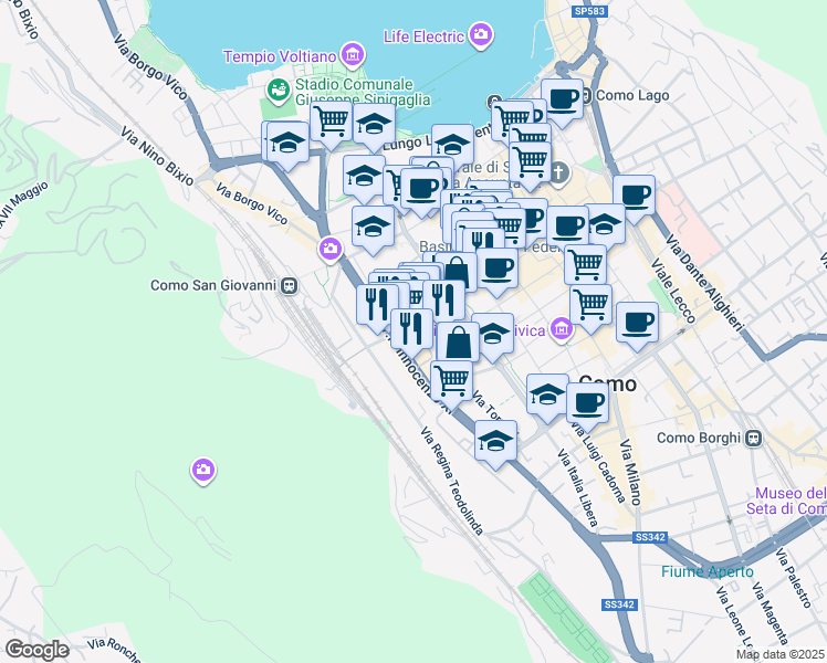 map of restaurants, bars, coffee shops, grocery stores, and more near Via Napo Torriani in Como