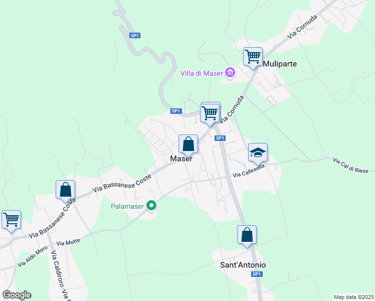 map of restaurants, bars, coffee shops, grocery stores, and more near 24 Via Bassanese in Maser