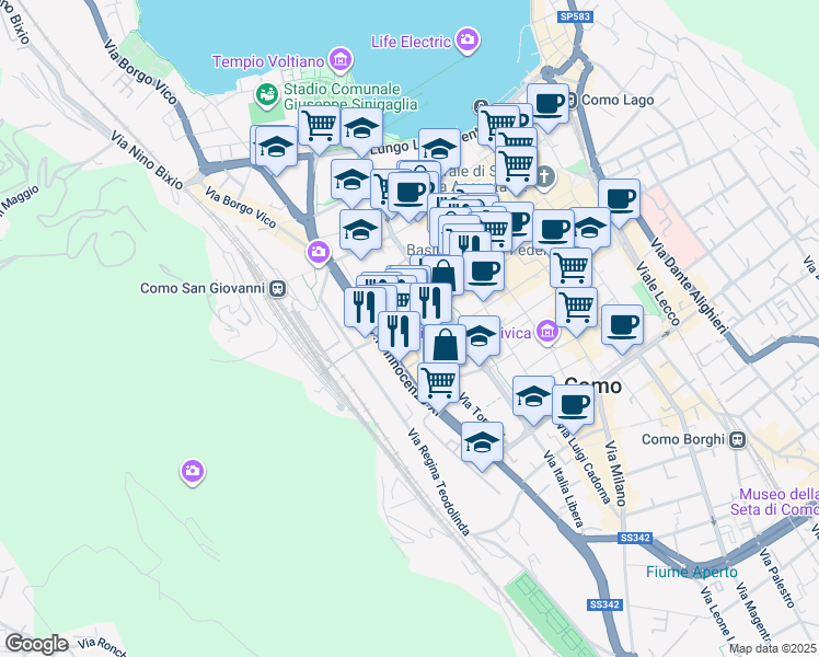 map of restaurants, bars, coffee shops, grocery stores, and more near Via Napo Torriani in Como