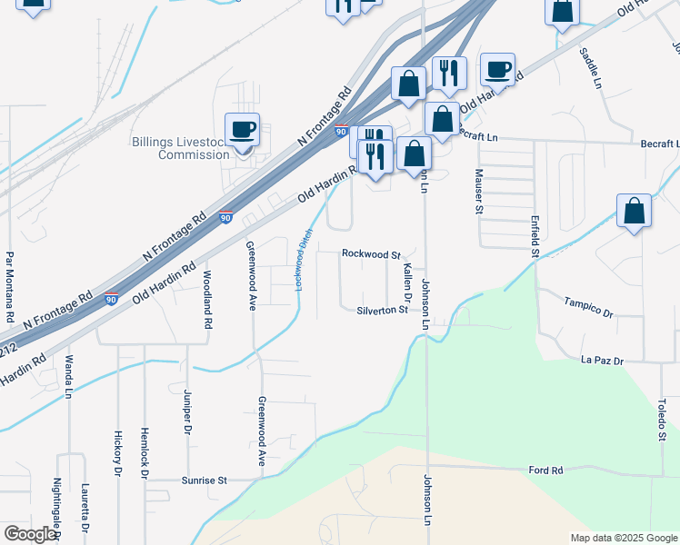 map of restaurants, bars, coffee shops, grocery stores, and more near 2618 Rockwood Street in Billings