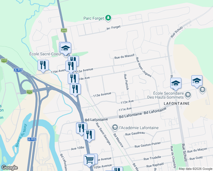map of restaurants, bars, coffee shops, grocery stores, and more near 47 Rue du Pavillon in Saint-Jérôme
