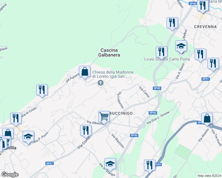 map of restaurants, bars, coffee shops, grocery stores, and more near 13 Via Lodorina in Erba