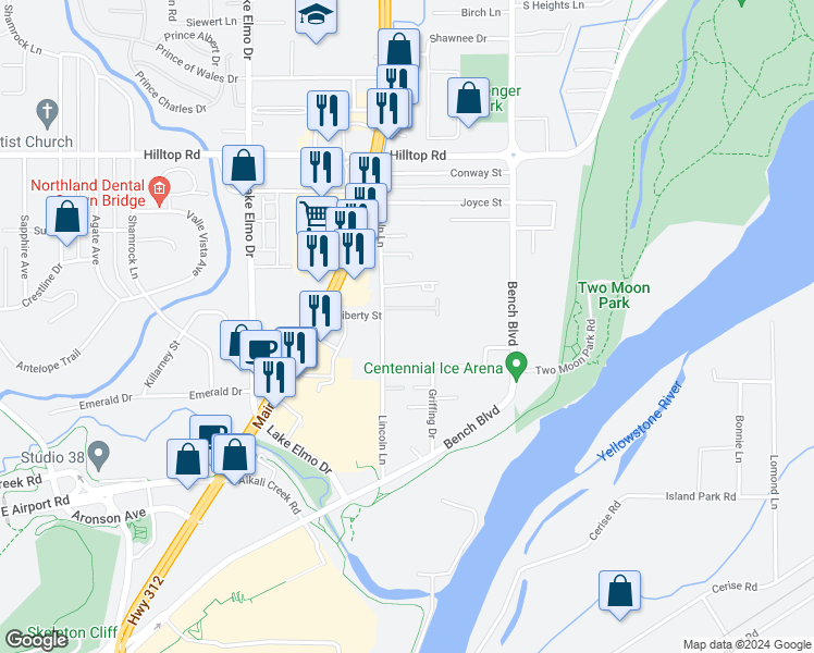 map of restaurants, bars, coffee shops, grocery stores, and more near 517 Lincoln Lane in Billings