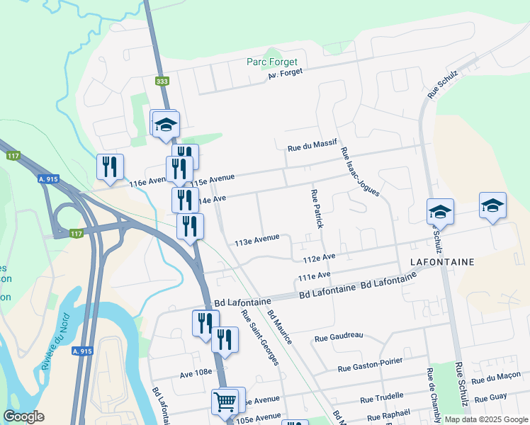 map of restaurants, bars, coffee shops, grocery stores, and more near 47 Rue du Pavillon in Saint-Jérôme