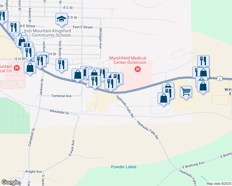 map of restaurants, bars, coffee shops, grocery stores, and more near 1800 South Stephenson Avenue in Iron Mountain
