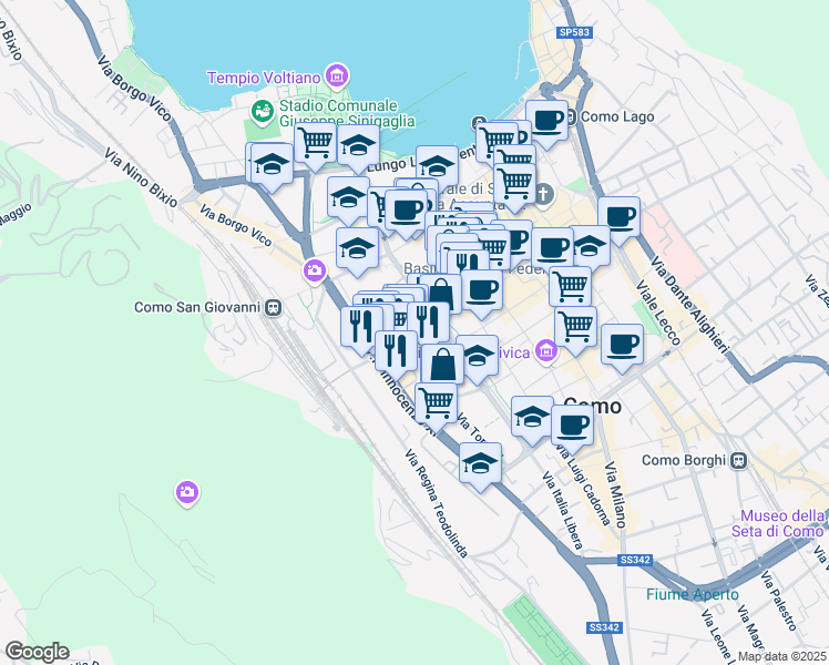 map of restaurants, bars, coffee shops, grocery stores, and more near Via Napo Torriani in Como