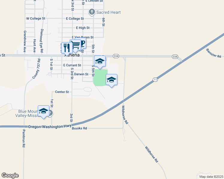 map of restaurants, bars, coffee shops, grocery stores, and more near 375 South 5th Street in Athena