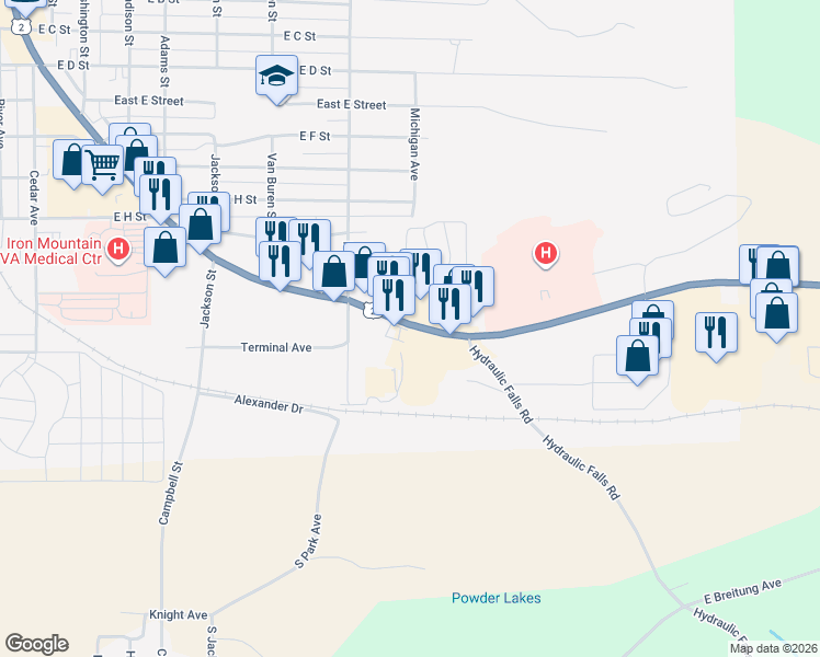 map of restaurants, bars, coffee shops, grocery stores, and more near 1710 Stephenson Avenue in Iron Mountain
