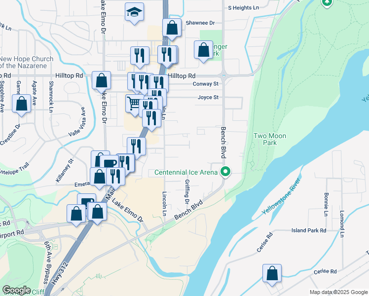 map of restaurants, bars, coffee shops, grocery stores, and more near 624 Samuel Court in Billings