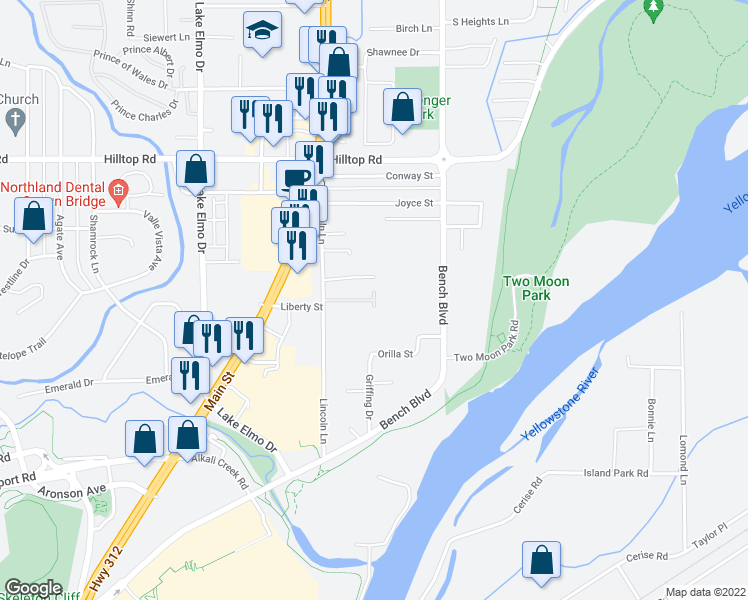 map of restaurants, bars, coffee shops, grocery stores, and more near Samuel Court in Billings