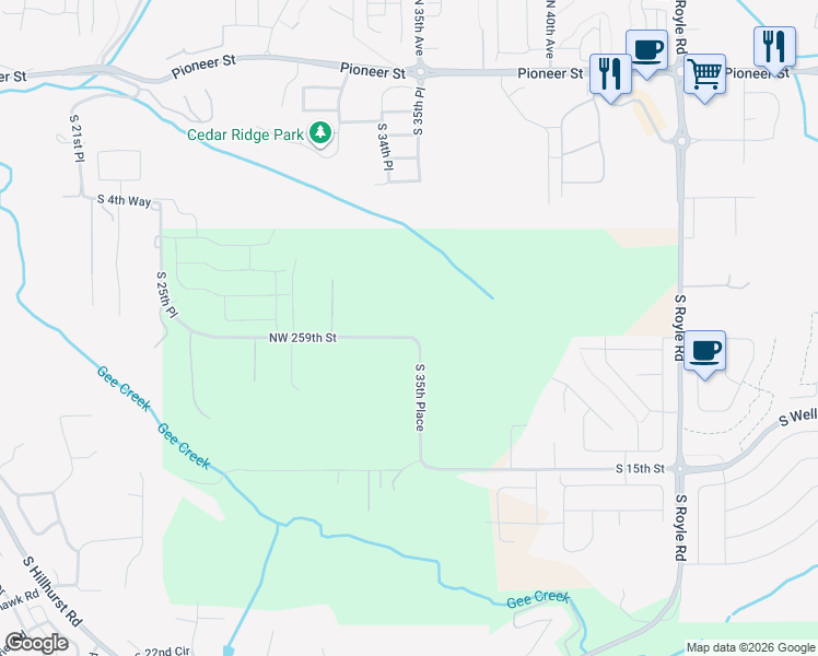 map of restaurants, bars, coffee shops, grocery stores, and more near 3412 Northwest 259th Street in Ridgefield