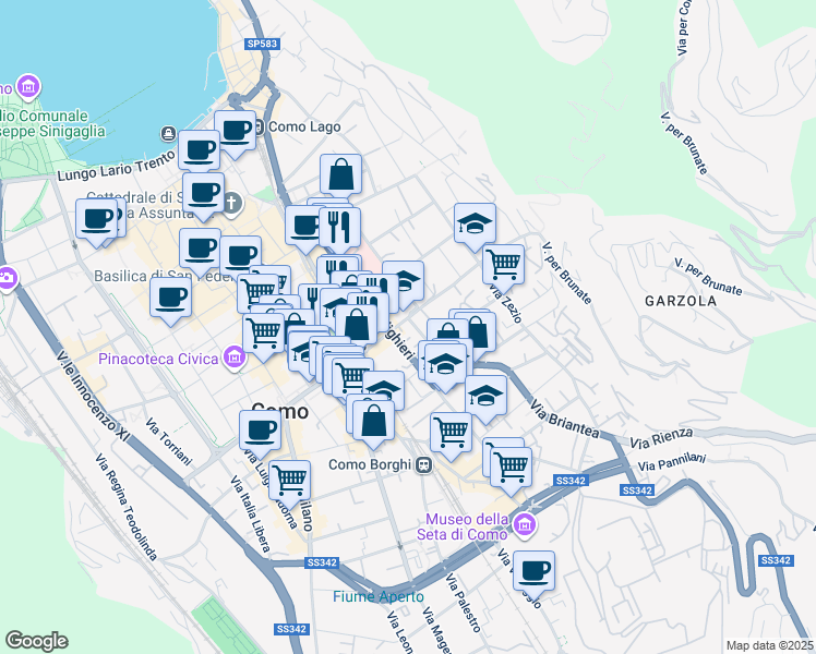 map of restaurants, bars, coffee shops, grocery stores, and more near 83 Via Dante Alighieri in Como