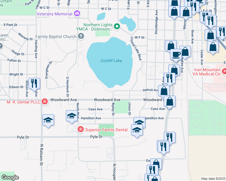 map of restaurants, bars, coffee shops, grocery stores, and more near 700 Detroit Avenue in Iron Mountain