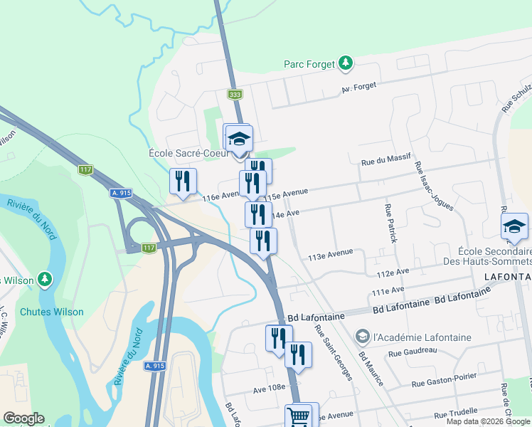 map of restaurants, bars, coffee shops, grocery stores, and more near 25 Boulevard des Hauteurs in Saint-Jérôme