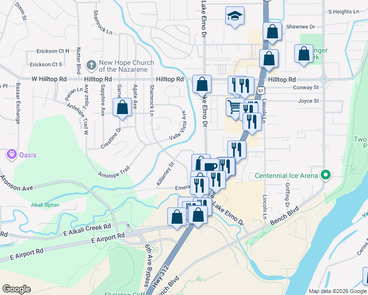 map of restaurants, bars, coffee shops, grocery stores, and more near 522 Killarney Street in Billings