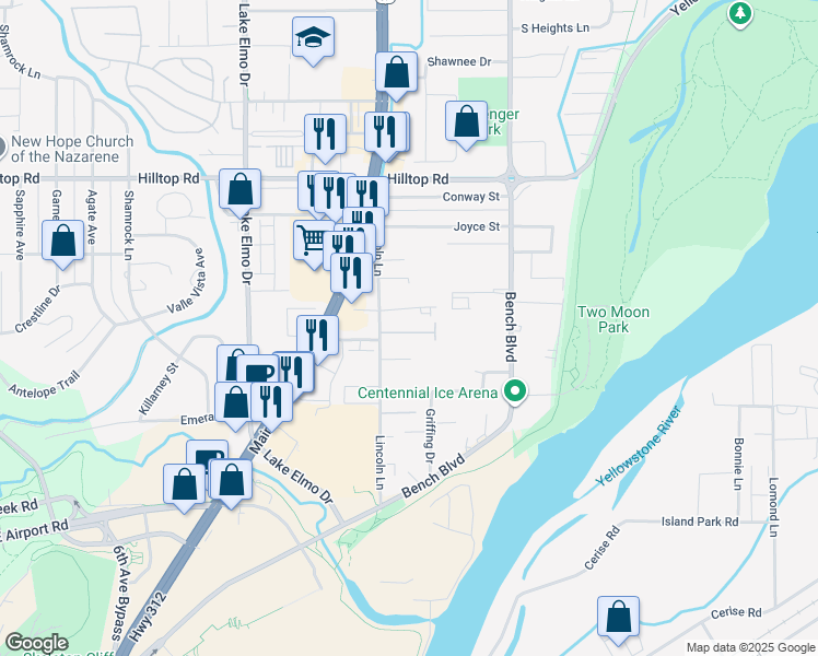 map of restaurants, bars, coffee shops, grocery stores, and more near 624 Samuel Court in Billings