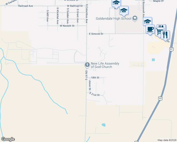map of restaurants, bars, coffee shops, grocery stores, and more near 1800 South Columbus Avenue in Goldendale