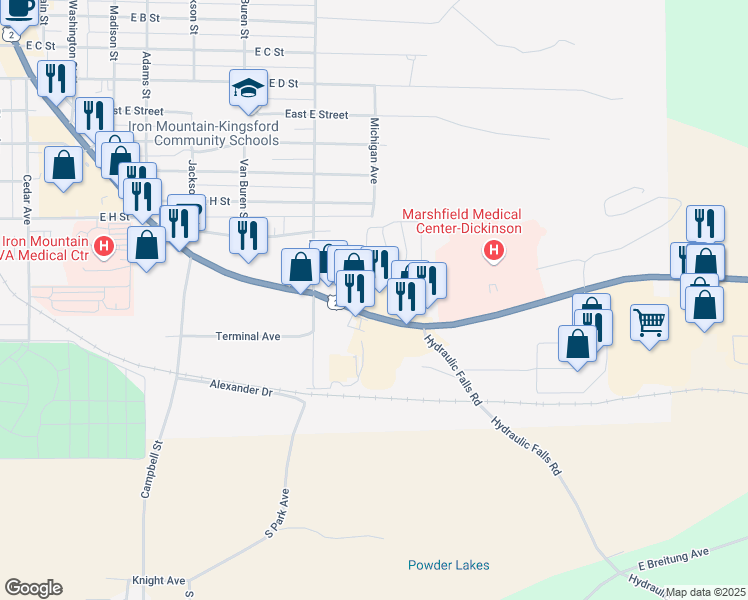 map of restaurants, bars, coffee shops, grocery stores, and more near 1710 Stephenson Avenue in Iron Mountain