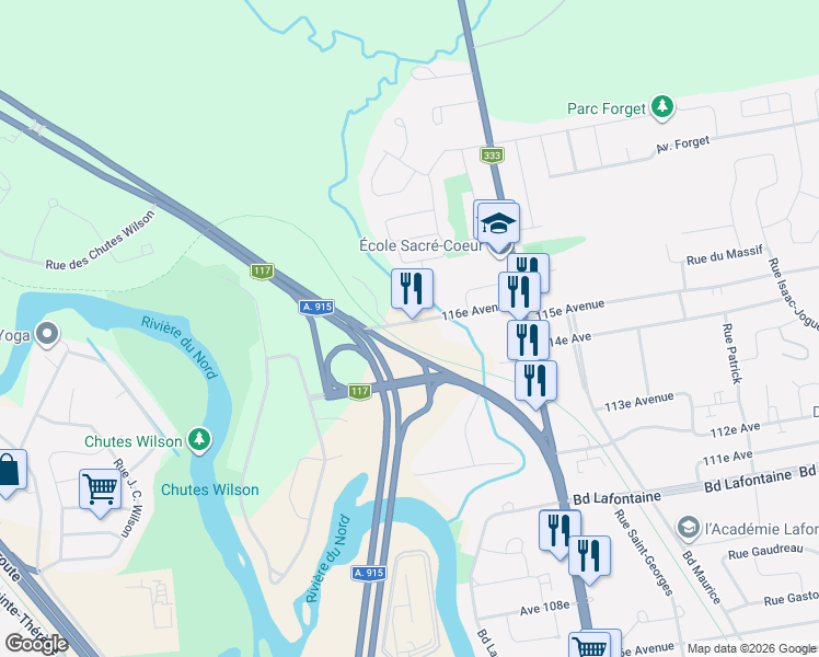 map of restaurants, bars, coffee shops, grocery stores, and more near 64 116e Avenue in Saint-Jérôme