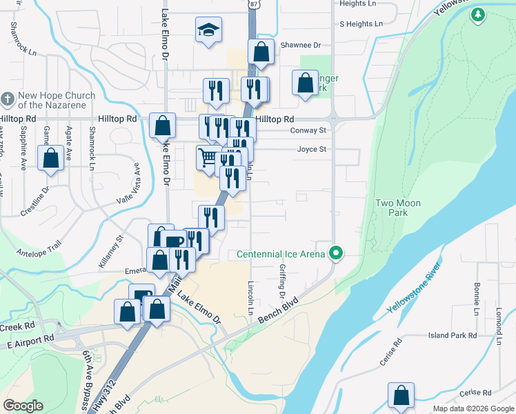 map of restaurants, bars, coffee shops, grocery stores, and more near 606 Presidents Place in Billings