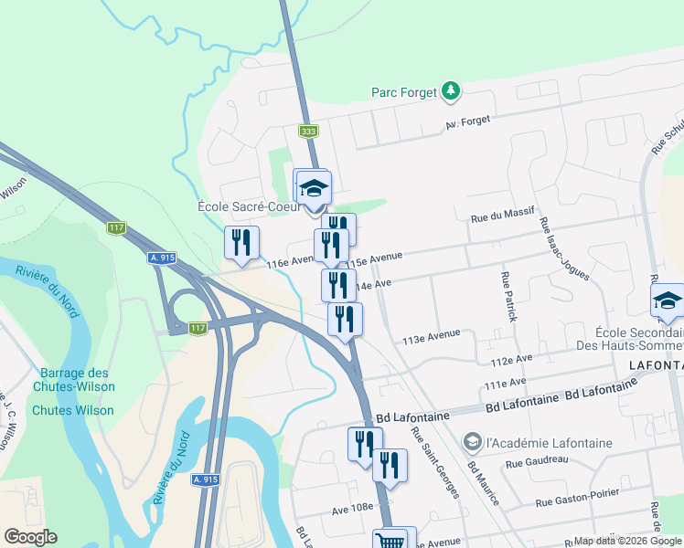 map of restaurants, bars, coffee shops, grocery stores, and more near 31 Boulevard des Hauteurs in Saint-Jérôme