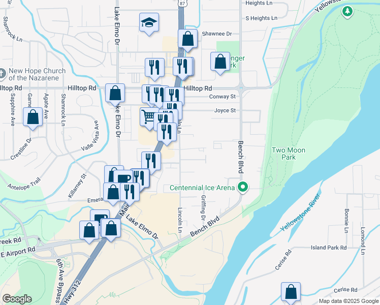 map of restaurants, bars, coffee shops, grocery stores, and more near 624 Samuel Court in Billings