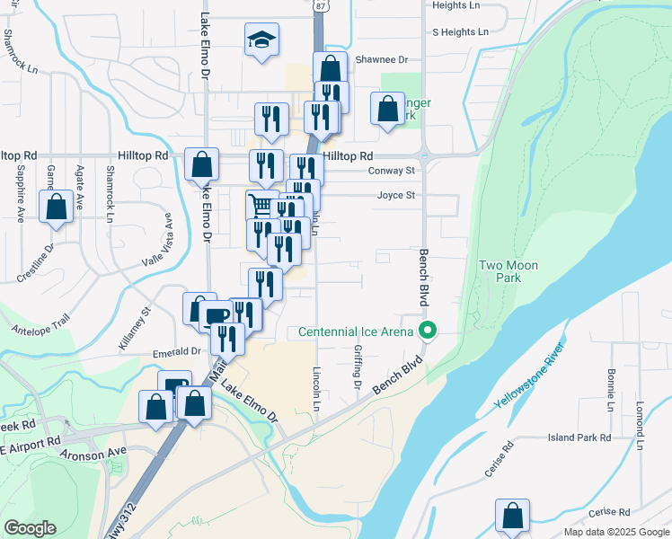 map of restaurants, bars, coffee shops, grocery stores, and more near 616 Presidents Place in Billings