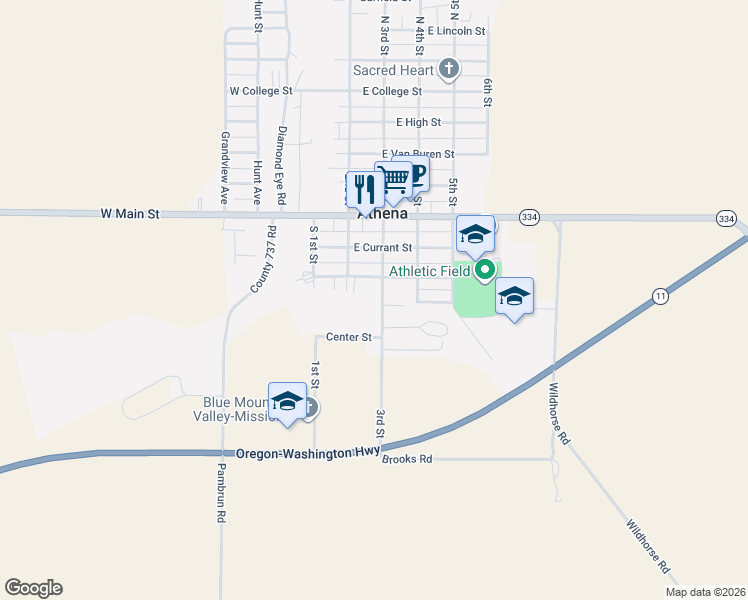 map of restaurants, bars, coffee shops, grocery stores, and more near 78708 3rd Street in Athena