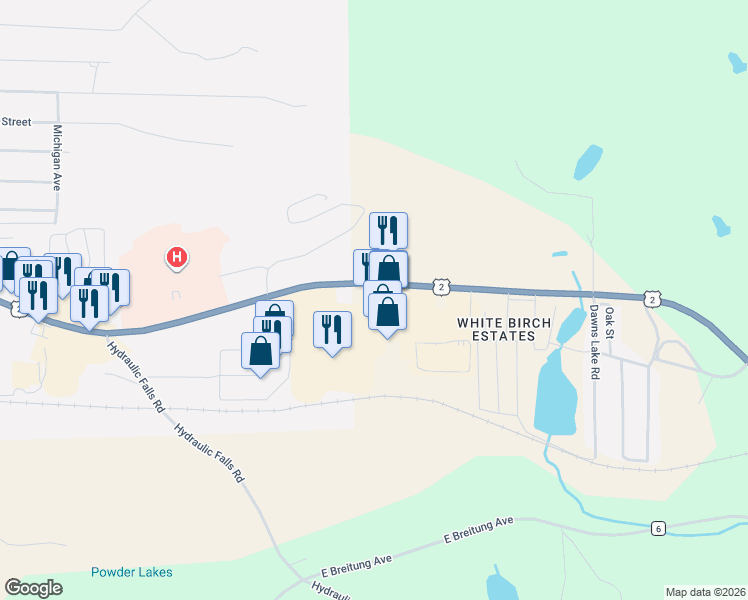 map of restaurants, bars, coffee shops, grocery stores, and more near 141 U.S. 2 in Iron Mountain