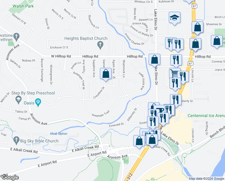 map of restaurants, bars, coffee shops, grocery stores, and more near 640 Agate Avenue in Billings