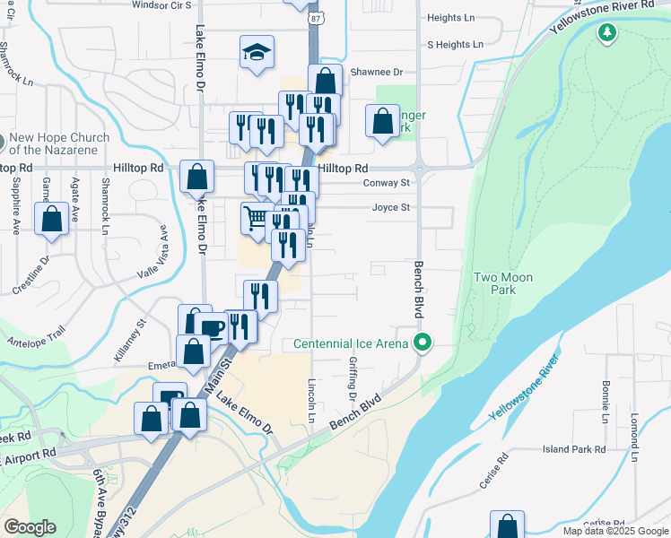 map of restaurants, bars, coffee shops, grocery stores, and more near 623 Lincoln Lane in Billings