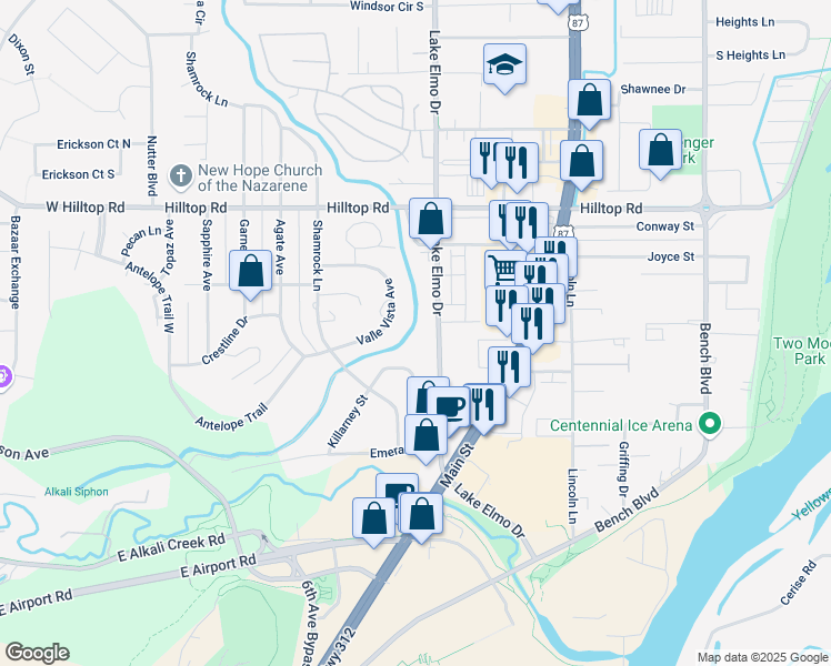 map of restaurants, bars, coffee shops, grocery stores, and more near 610 Lake Elmo Drive in Billings