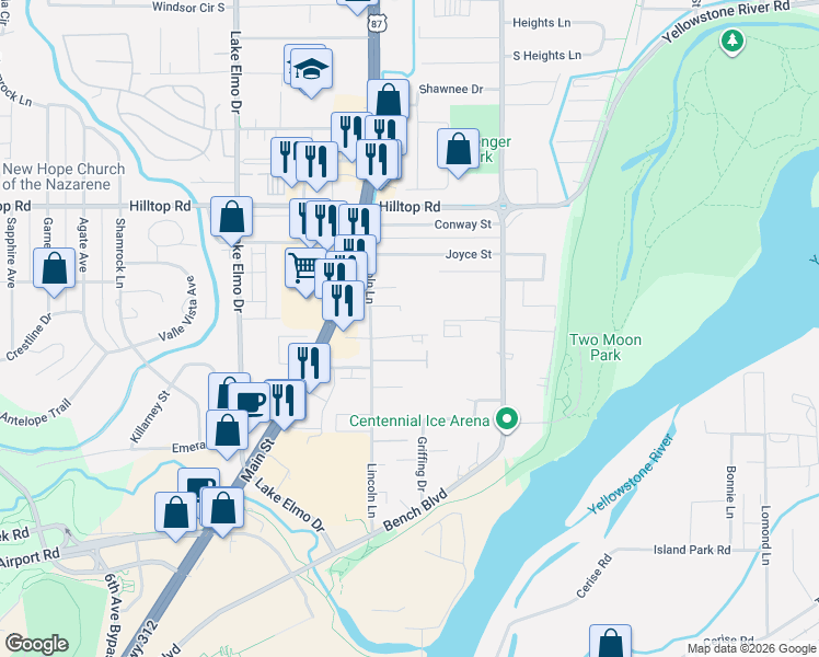 map of restaurants, bars, coffee shops, grocery stores, and more near 623 Lincoln Lane in Billings