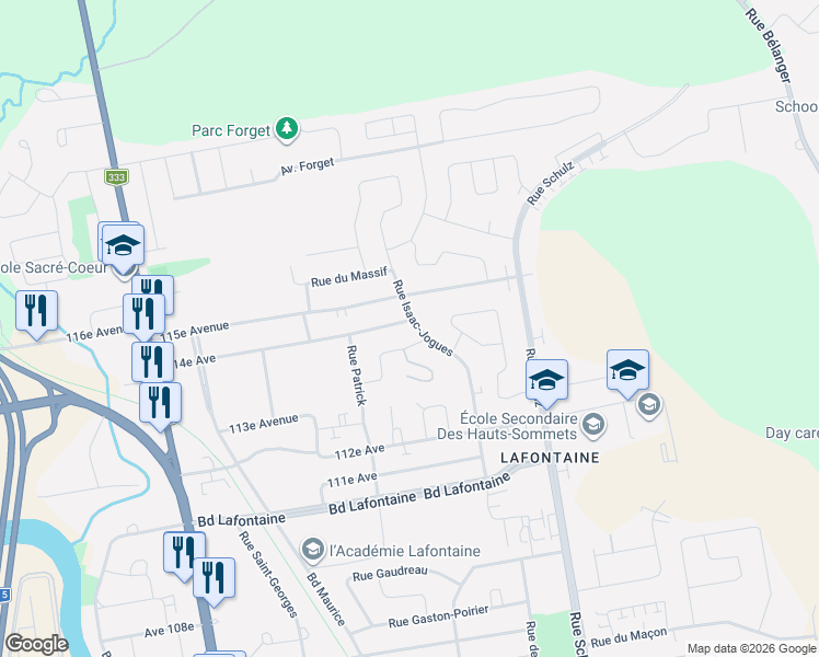 map of restaurants, bars, coffee shops, grocery stores, and more near 2406 Rue Isaac-Jogues in Saint-Jérôme