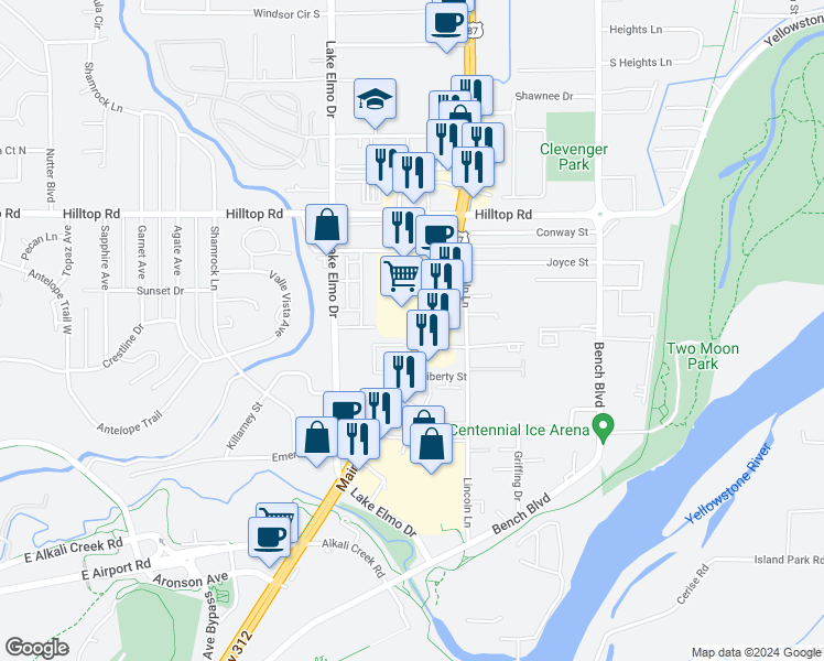 map of restaurants, bars, coffee shops, grocery stores, and more near 556 Main Street in Billings