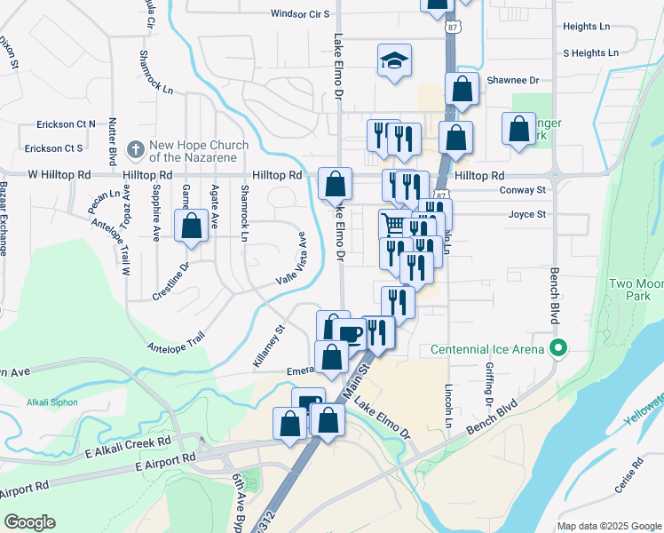 map of restaurants, bars, coffee shops, grocery stores, and more near 610 Lake Elmo Drive in Billings