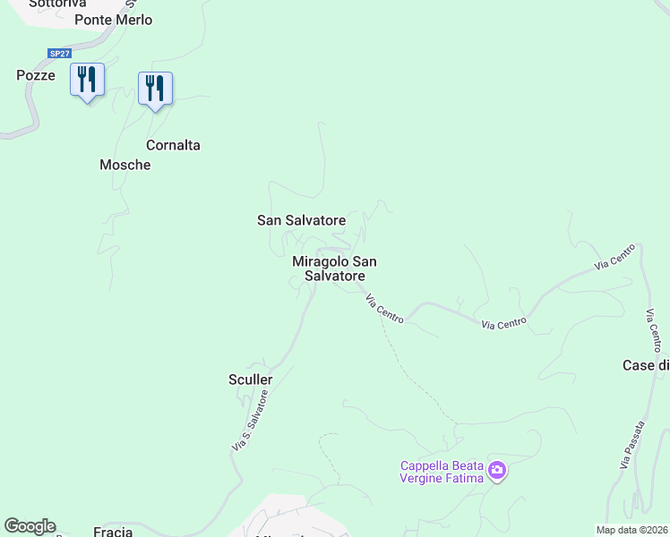 map of restaurants, bars, coffee shops, grocery stores, and more near 26 Via Centro in Miragolo San Salvatore