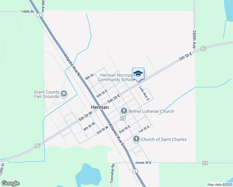 map of restaurants, bars, coffee shops, grocery stores, and more near 209 6th Street East in Herman
