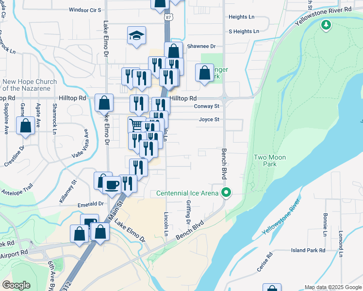map of restaurants, bars, coffee shops, grocery stores, and more near 623 Lincoln Lane in Billings