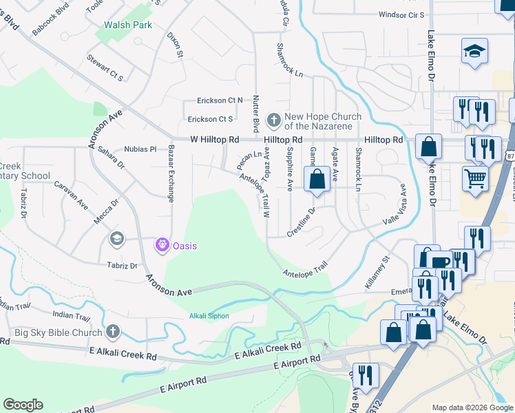 map of restaurants, bars, coffee shops, grocery stores, and more near 632 Antelope Circle in Billings