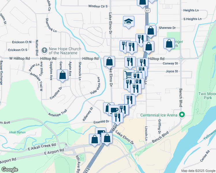 map of restaurants, bars, coffee shops, grocery stores, and more near 610 Lake Elmo Drive in Billings