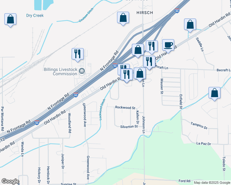 map of restaurants, bars, coffee shops, grocery stores, and more near 33 Rykken Circle in Billings
