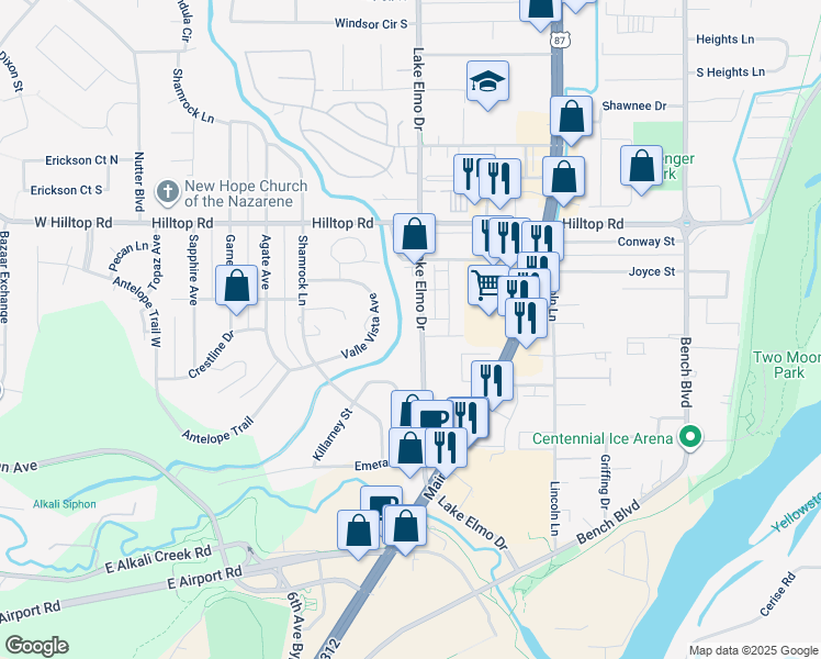 map of restaurants, bars, coffee shops, grocery stores, and more near 610 Lake Elmo Drive in Billings